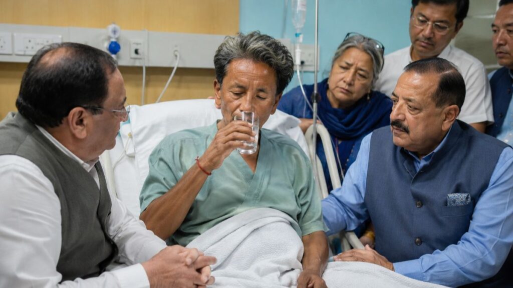 Sonam Wangchuk ending his 26-day hunger strike in the presence of Union ministers after the government's assurance on stricter action against paper leaks