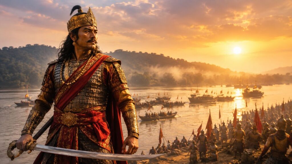 Legendary Ahom commander Lachit Borphukan in a cinematic historical battlefield as reports link Aditya Dhar to a proposed biopic.