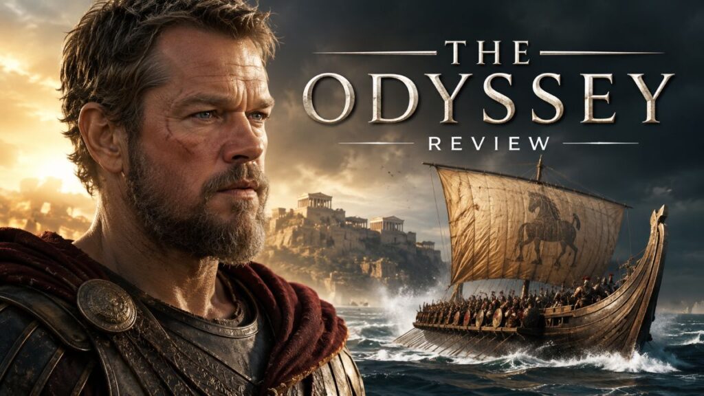 Christopher Nolan की The Odyssey फिल्म से प्रेरित एक सिनेमाई दृश्य, जिसमें प्राचीन यूनानी योद्धा समुद्र तट पर खड़ा है और पीछे विशाल मंदिर, जहाज़ तथा महाकाव्य जैसा वातावरण दिखाई दे रहा है।