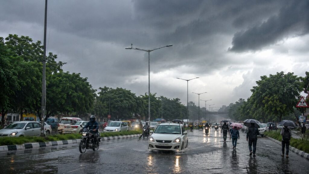 Heavy monsoon rain over Chandigarh and Punjab during the Punjab Rain Alert with dark clouds and waterlogged streets