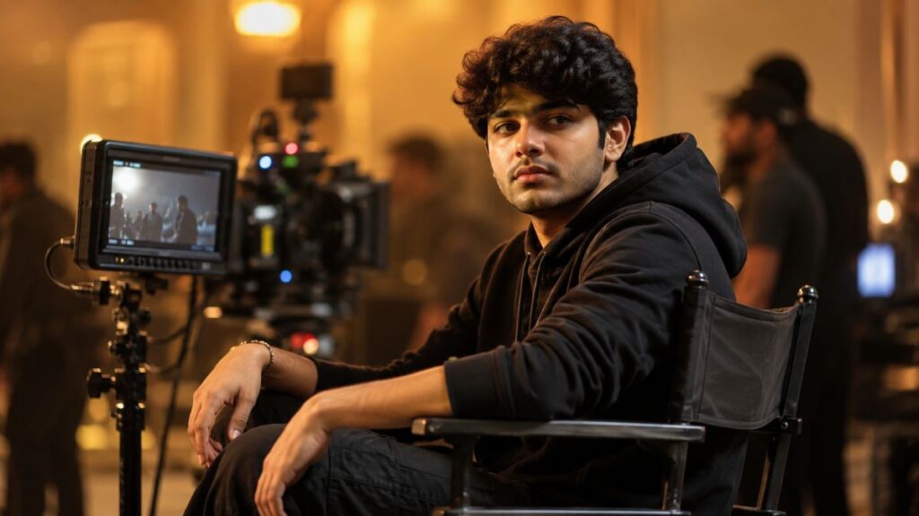 Jason Sanjay in a cinematic director setup, highlighting his directorial debut with Sigma in a premium film studio environment.