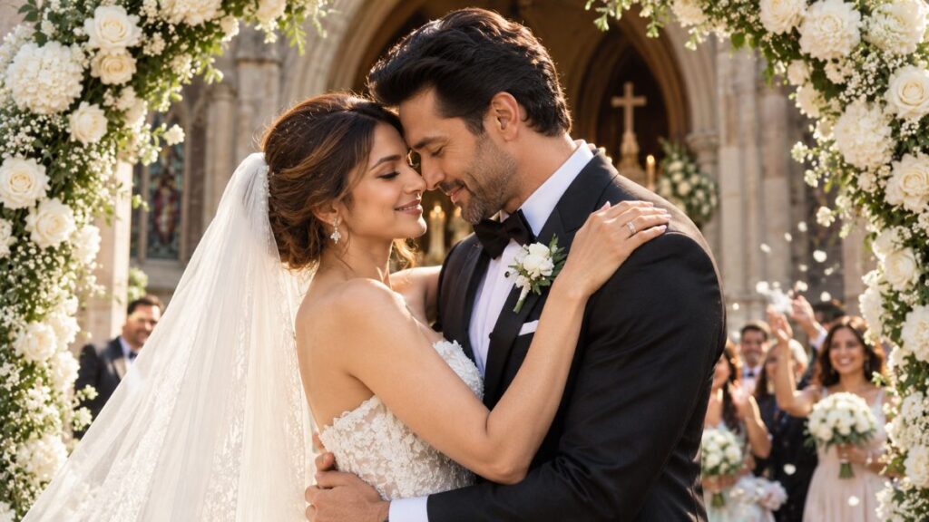 Jennifer Winget and William Ismail during their elegant white wedding ceremony.