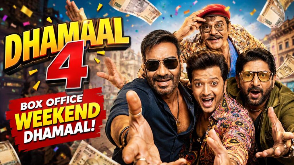 Dhamaal 4 box office weekend collection featuring the film's lead cast in a comedy-themed promotional image.
