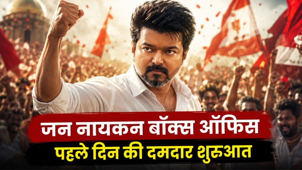 Jana Nayagan Box Office Day 1 – थलपति विजय की आखिरी फिल्म की पहले दिन की दमदार ओपनिंग को दर्शाती प्रीमियम संपादकीय शैली की तस्वीर।