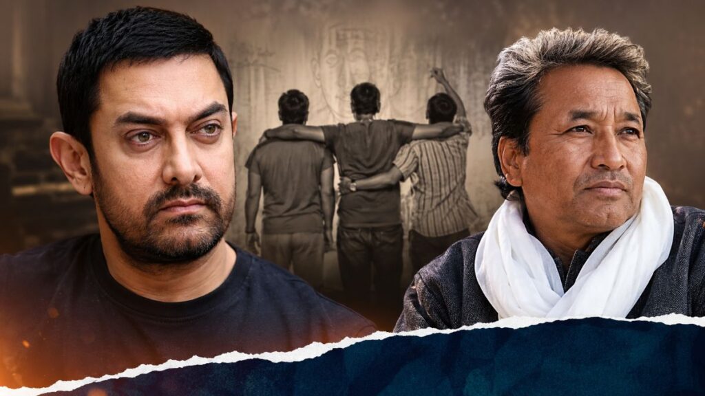 Aamir Khan and Sonam Wangchuk featured in a cinematic editorial-style illustration highlighting the ongoing discussion surrounding the 3 Idiots controversy.