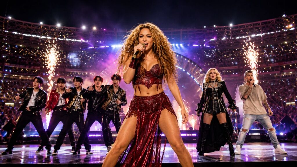 Shakira performing during the FIFA World Cup Final Halftime Show 2026 with BTS, Madonna and Justin Bieber on a grand stadium stage.