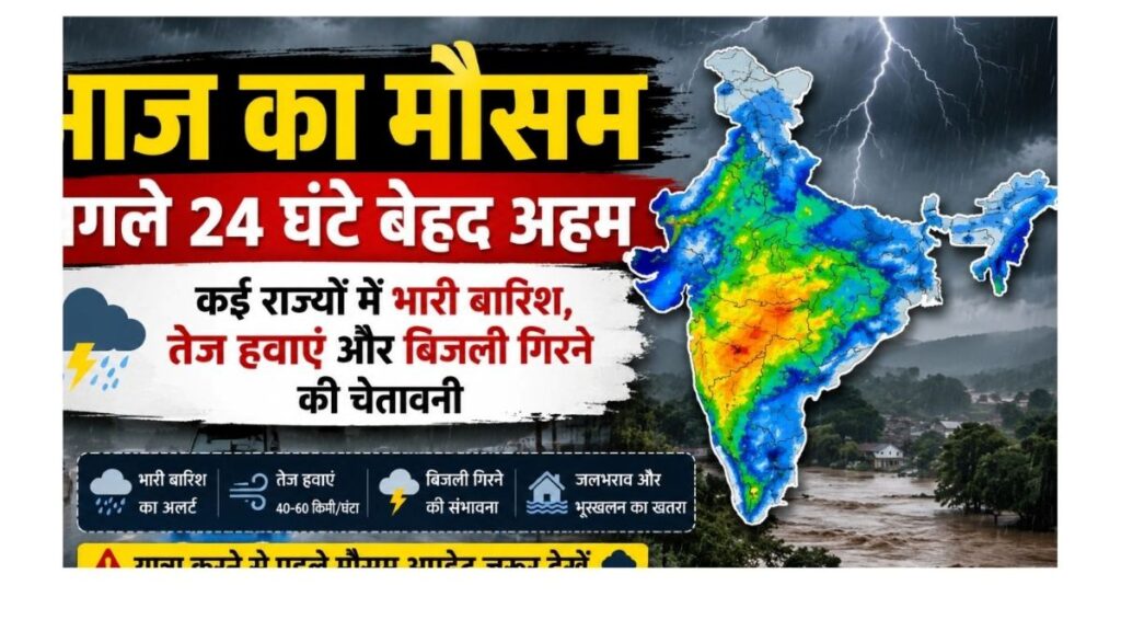 आज का मौसम: भारी बारिश और बिजली गिरने के अलर्ट वाला मौसम विभाग का नक्शा और चेतावनी की जानकारी"