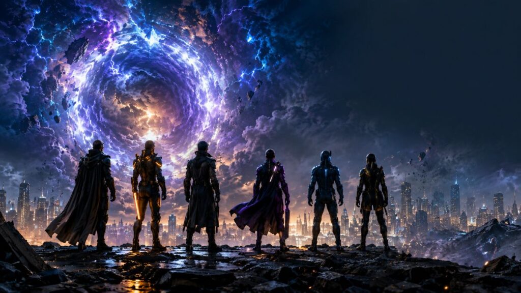 Avengers: Doomsday poster inspired cinematic superhero artwork with a glowing cosmic portal and futuristic heroes.