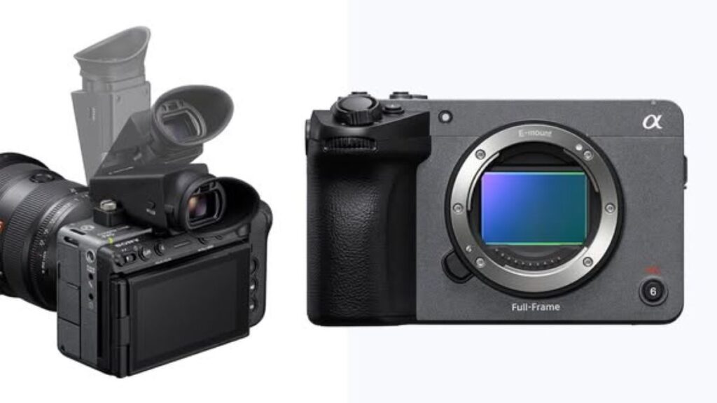 Professional cinema camera setup with filmmaker recording high quality video production