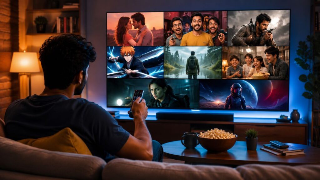 Illustration representing OTT Releases This Week featuring romance, action, anime and comedy entertainment on multiple streaming platforms.